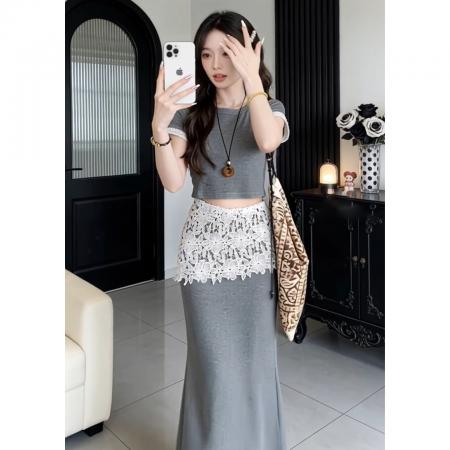 BY13721# 法式高级感灰色连衣裙子女夏季新款独特绝美漂亮套装包臀长裙  服裝批發女裝批發服飾貨源