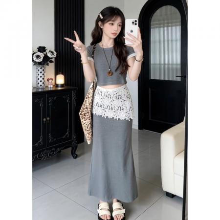 BY13721# 法式高级感灰色连衣裙子女夏季新款独特绝美漂亮套装包臀长裙  服裝批發女裝批發服飾貨源