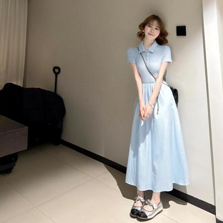 BY13722# 法式蓝色polo领连衣裙子女夏季新款小个子巨好看气质收腰长裙  服裝批發女裝批發服飾貨源