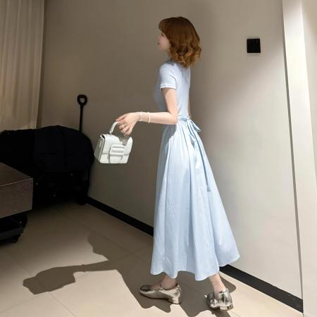 BY13722# 法式蓝色polo领连衣裙子女夏季新款小个子巨好看气质收腰长裙  服裝批發女裝批發服飾貨源