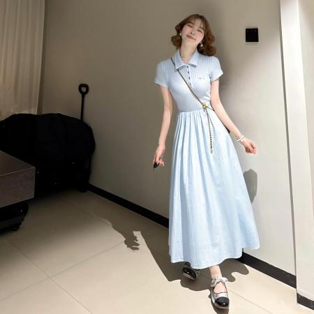BY13722# 法式蓝色polo领连衣裙子女夏季新款小个子巨好看气质收腰长裙  服裝批發女裝批發服飾貨源