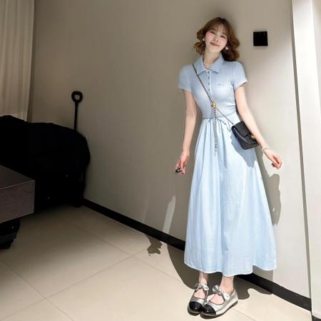 BY13722# 法式蓝色polo领连衣裙子女夏季新款小个子巨好看气质收腰长裙  服裝批發女裝批發服飾貨源