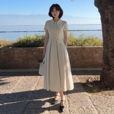 BY13725# 法式高级感polo领连衣裙子女夏季新款小个子气质绝美收腰长裙  服裝批發女裝批發服飾貨源