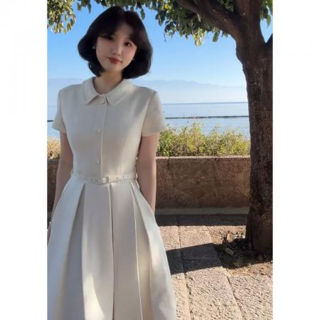 BY13725# 法式高级感polo领连衣裙子女夏季新款小个子气质绝美收腰长裙  服裝批發女裝批發服飾貨源