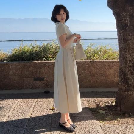 BY13725# 法式高级感polo领连衣裙子女夏季新款小个子气质绝美收腰长裙  服裝批發女裝批發服飾貨源