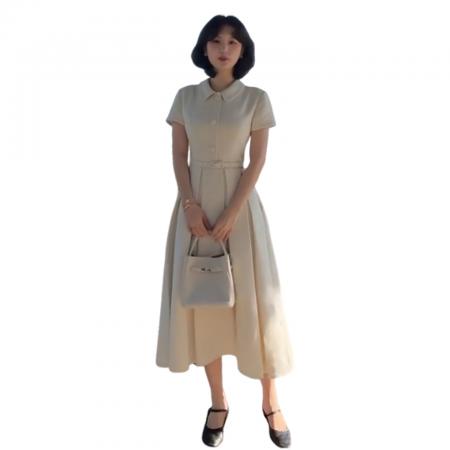 BY13725# 法式高级感polo领连衣裙子女夏季新款小个子气质绝美收腰长裙  服裝批發女裝批發服飾貨源