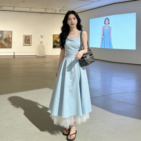 BY13727# 法式气质蓝色吊带连衣裙子女夏季新款海边度假高级感收腰长裙  服裝批發女裝批發服飾貨源