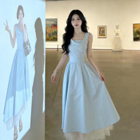 BY13727# 法式气质蓝色吊带连衣裙子女夏季新款海边度假高级感收腰长裙  服裝批發女裝批發服飾貨源