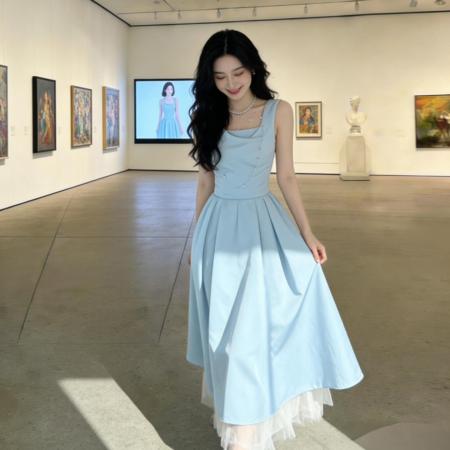 BY13727# 法式气质蓝色吊带连衣裙子女夏季新款海边度假高级感收腰长裙  服裝批發女裝批發服飾貨源