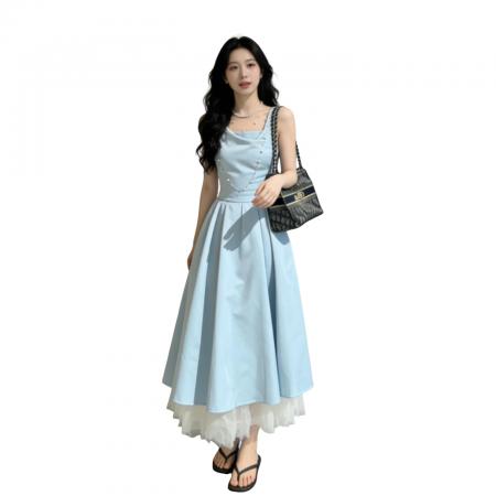 BY13727# 法式气质蓝色吊带连衣裙子女夏季新款海边度假高级感收腰长裙  服裝批發女裝批發服飾貨源