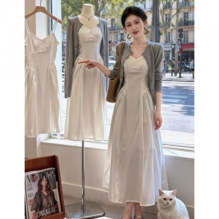 BY13728# 法式初恋白色吊带连衣裙子女新款早春季漂亮套装气质穿搭长裙  服裝批發女裝批發服飾貨源