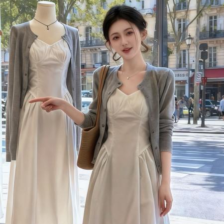 BY13728# 法式初恋白色吊带连衣裙子女新款早春季漂亮套装气质穿搭长裙  服裝批發女裝批發服飾貨源