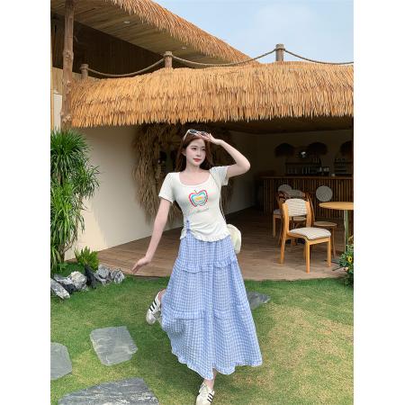 BY13730# 微胖mm印花设计感甜美韩版chic上衣+短裙套装  服裝批發女裝批發服飾貨源