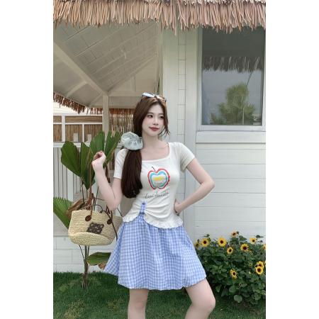 BY13730# 微胖mm印花设计感甜美韩版chic上衣+短裙套装  服裝批發女裝批發服飾貨源