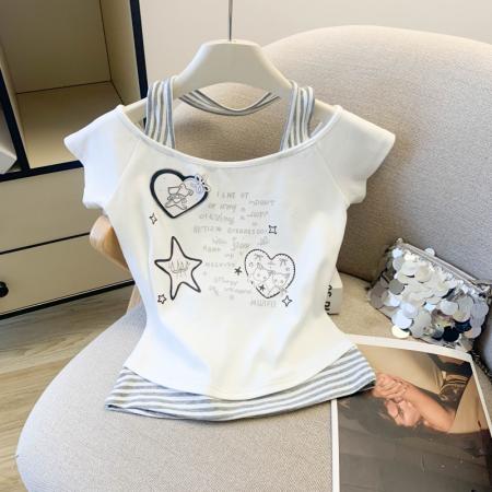 BY13732# 挂脖设计小众学院风小清新短袖银狐T恤女上衣  服裝批發女裝批發服飾貨源