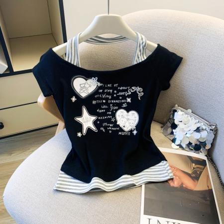 BY13732# 挂脖设计小众学院风小清新短袖银狐T恤女上衣  服裝批發女裝批發服飾貨源