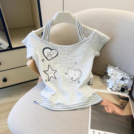 BY13732# 挂脖设计小众学院风小清新短袖银狐T恤女上衣  服裝批發女裝批發服飾貨源