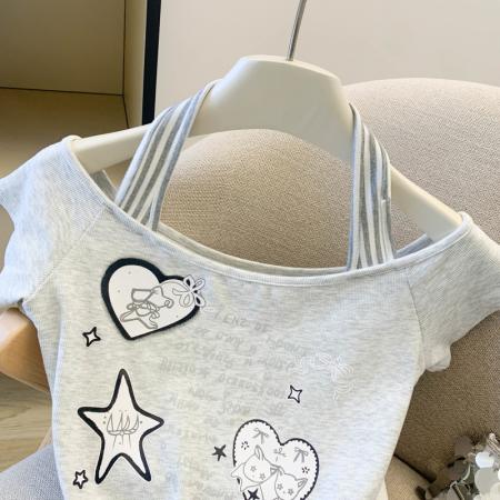 BY13732# 挂脖设计小众学院风小清新短袖银狐T恤女上衣  服裝批發女裝批發服飾貨源