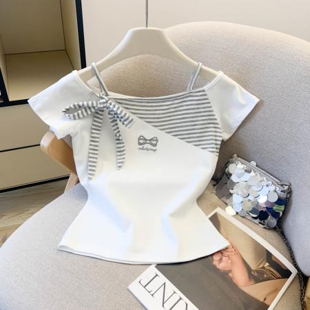 BY13733# 夏季修身显瘦小个子条纹刺绣拼接撞色短袖T恤女上衣  服裝批發女裝批發服飾貨源