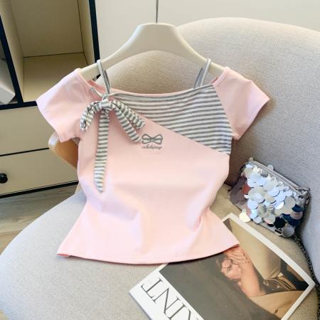 BY13733# 夏季修身显瘦小个子条纹刺绣拼接撞色短袖T恤女上衣  服裝批發女裝批發服飾貨源