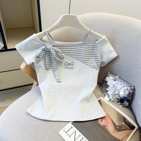 BY13733# 夏季修身显瘦小个子条纹刺绣拼接撞色短袖T恤女上衣  服裝批發女裝批發服飾貨源