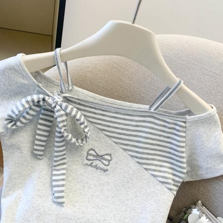 BY13733# 夏季修身显瘦小个子条纹刺绣拼接撞色短袖T恤女上衣  服裝批發女裝批發服飾貨源