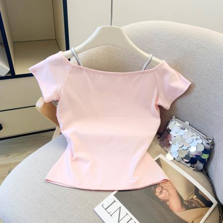 BY13733# 夏季修身显瘦小个子条纹刺绣拼接撞色短袖T恤女上衣  服裝批發女裝批發服飾貨源