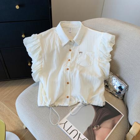 BY13734# 蝴蝶结刺绣小飞袖白衬衫女短款抽绳衬衣设计感无袖上衣  服裝批發女裝批發服飾貨源