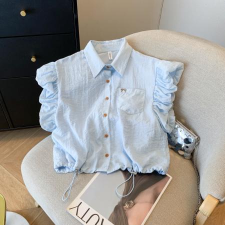 BY13734# 蝴蝶结刺绣小飞袖白衬衫女短款抽绳衬衣设计感无袖上衣  服裝批發女裝批發服飾貨源