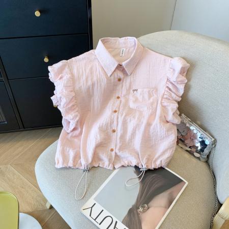 BY13734# 蝴蝶结刺绣小飞袖白衬衫女短款抽绳衬衣设计感无袖上衣  服裝批發女裝批發服飾貨源