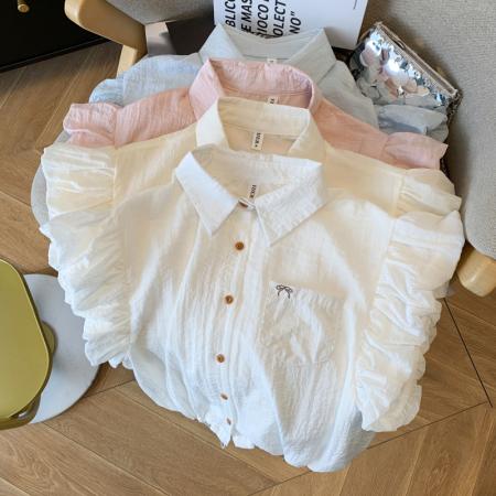 BY13734# 蝴蝶结刺绣小飞袖白衬衫女短款抽绳衬衣设计感无袖上衣  服裝批發女裝批發服飾貨源