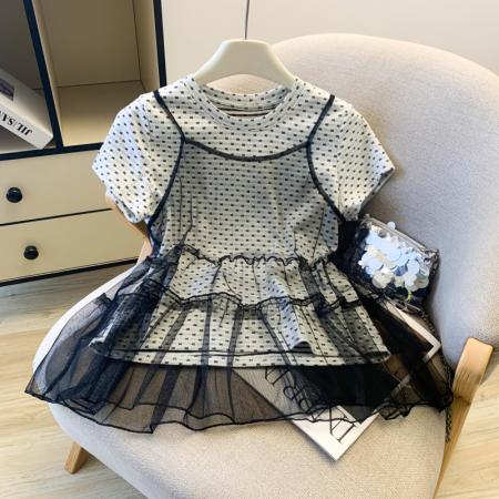 BY13735# 小花朵印花T恤+网纱吊牌两件套洋气时尚百搭  服裝批發女裝批發服飾貨源