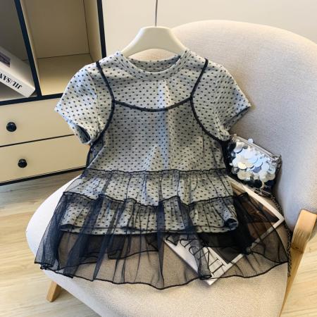 BY13735# 小花朵印花T恤+网纱吊牌两件套洋气时尚百搭  服裝批發女裝批發服飾貨源