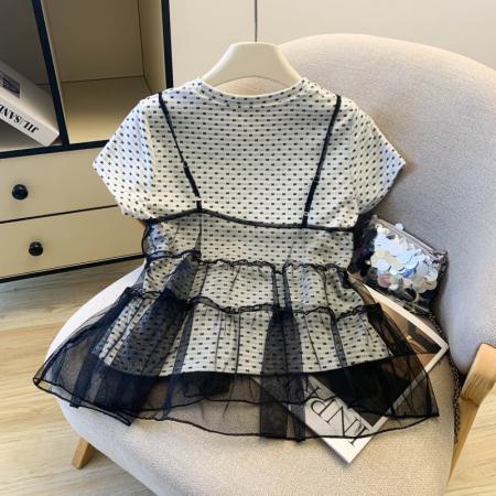 BY13735# 小花朵印花T恤+网纱吊牌两件套洋气时尚百搭  服裝批發女裝批發服飾貨源