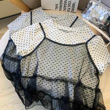 BY13735# 小花朵印花T恤+网纱吊牌两件套洋气时尚百搭  服裝批發女裝批發服飾貨源