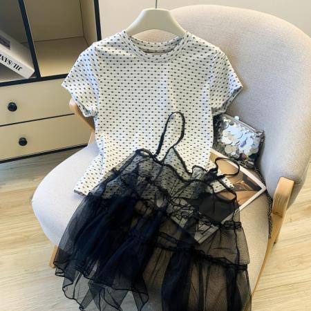 BY13735# 小花朵印花T恤+网纱吊牌两件套洋气时尚百搭  服裝批發女裝批發服飾貨源