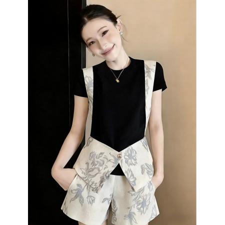 BY13736# 夏季新款大码时尚减龄撞色拼接显瘦假两件上衣短裤两件套  服裝批發女裝批發服飾貨源