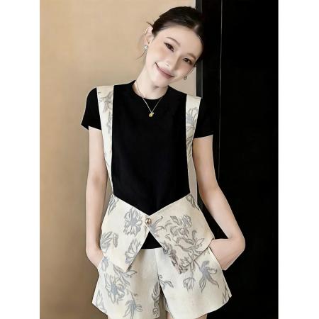 BY13736# 夏季新款大码时尚减龄撞色拼接显瘦假两件上衣短裤两件套  服裝批發女裝批發服飾貨源