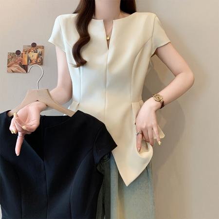 BY13737# 夏季新款大码女时尚气质高级感收腰显瘦开叉别致T恤上衣  服裝批發女裝批發服飾貨源