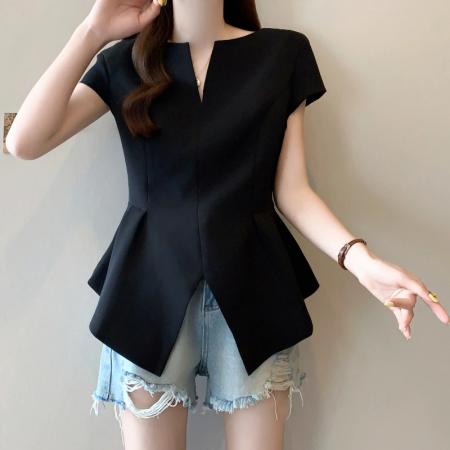 BY13737# 夏季新款大码女时尚气质高级感收腰显瘦开叉别致T恤上衣  服裝批發女裝批發服飾貨源