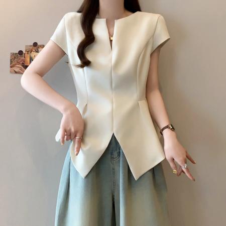 BY13737# 夏季新款大码女时尚气质高级感收腰显瘦开叉别致T恤上衣  服裝批發女裝批發服飾貨源