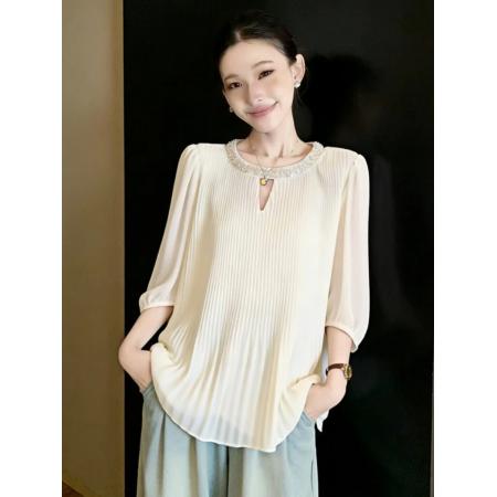 BY13738# 夏季新款大码时尚气质宽松显瘦重工镶钻压皱雪纺衬衫上衣  服裝批發女裝批發服飾貨源