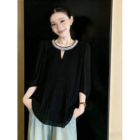 BY13738# 夏季新款大码时尚气质宽松显瘦重工镶钻压皱雪纺衬衫上衣  服裝批發女裝批發服飾貨源