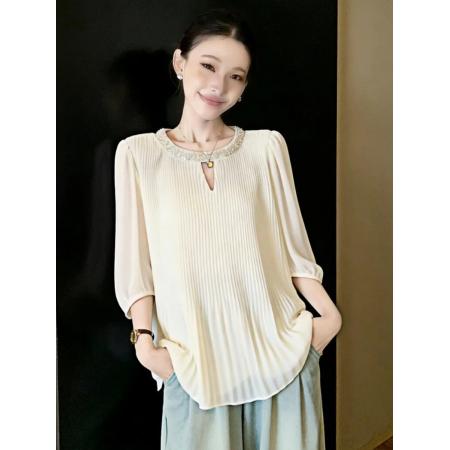 BY13738# 夏季新款大码时尚气质宽松显瘦重工镶钻压皱雪纺衬衫上衣  服裝批發女裝批發服飾貨源