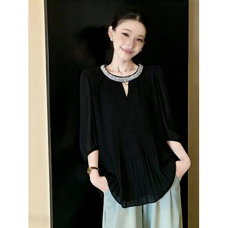 BY13738# 夏季新款大码时尚气质宽松显瘦重工镶钻压皱雪纺衬衫上衣  服裝批發女裝批發服飾貨源