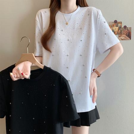 BY13739# 夏季新款大码女时尚洋气百搭重工烫钻满天星显瘦T恤上衣  服裝批發女裝批發服飾貨源