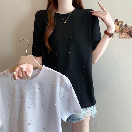 BY13739# 夏季新款大码女时尚洋气百搭重工烫钻满天星显瘦T恤上衣  服裝批發女裝批發服飾貨源