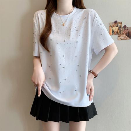 BY13739# 夏季新款大码女时尚洋气百搭重工烫钻满天星显瘦T恤上衣  服裝批發女裝批發服飾貨源