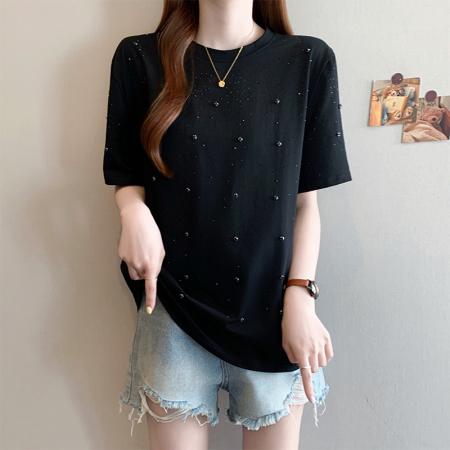 BY13739# 夏季新款大码女时尚洋气百搭重工烫钻满天星显瘦T恤上衣  服裝批發女裝批發服飾貨源