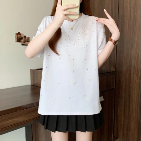 BY13739# 夏季新款大码女时尚洋气百搭重工烫钻满天星显瘦T恤上衣  服裝批發女裝批發服飾貨源